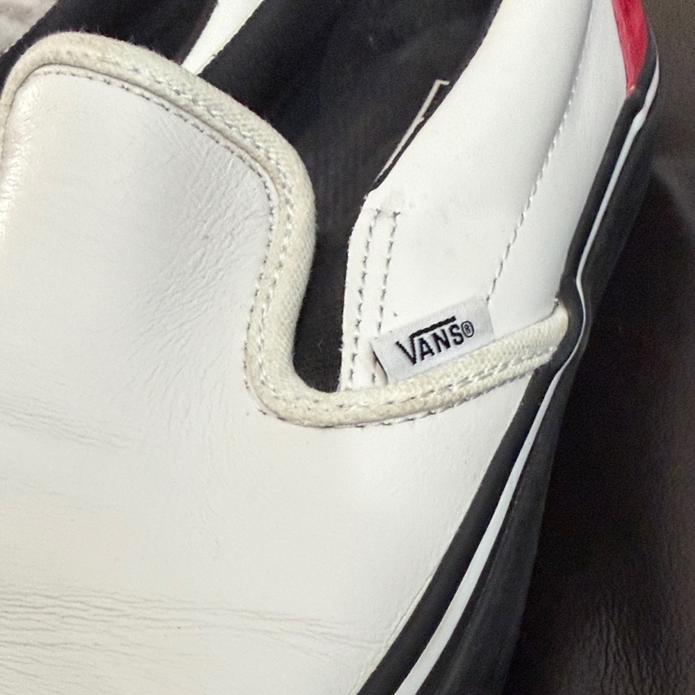Vans White Leather Slip-On Sneakers with Black Sole and Red Heel - Picture 9 of 9